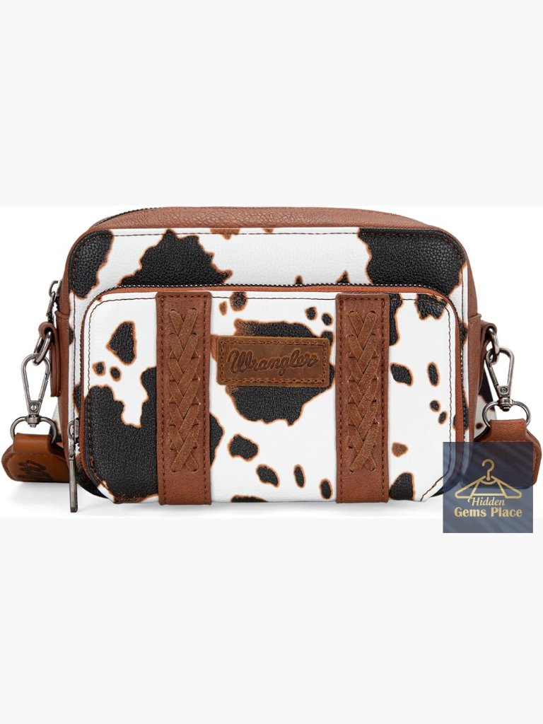 Cow Print Crossbody Bag With Guitar Strap Vegan Leather Multi-Pocket